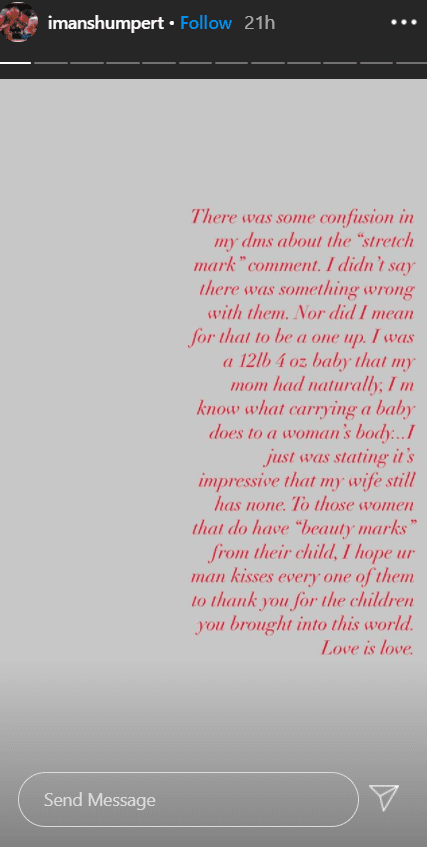 Statement released by Iman Shumpert concerning comments he made about stretch marks. | Photo: Instagram/@imanshumpert
