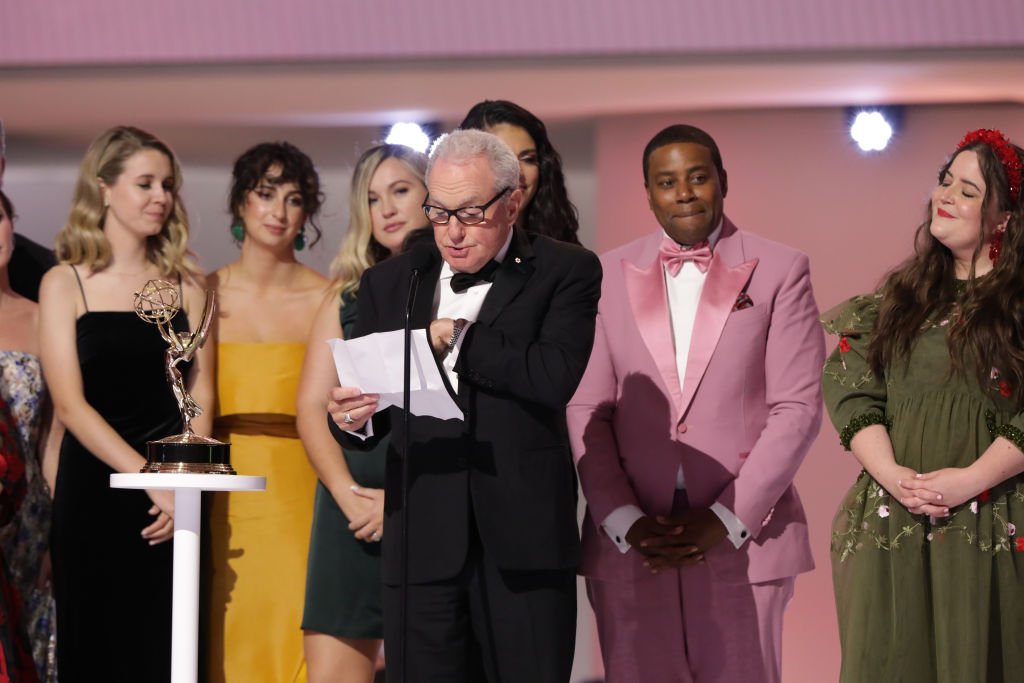 Lorne Michaels and the cast of "Saturday Night Live" onstage at the Emmy Awards, September 2021 | Source: Getty Images