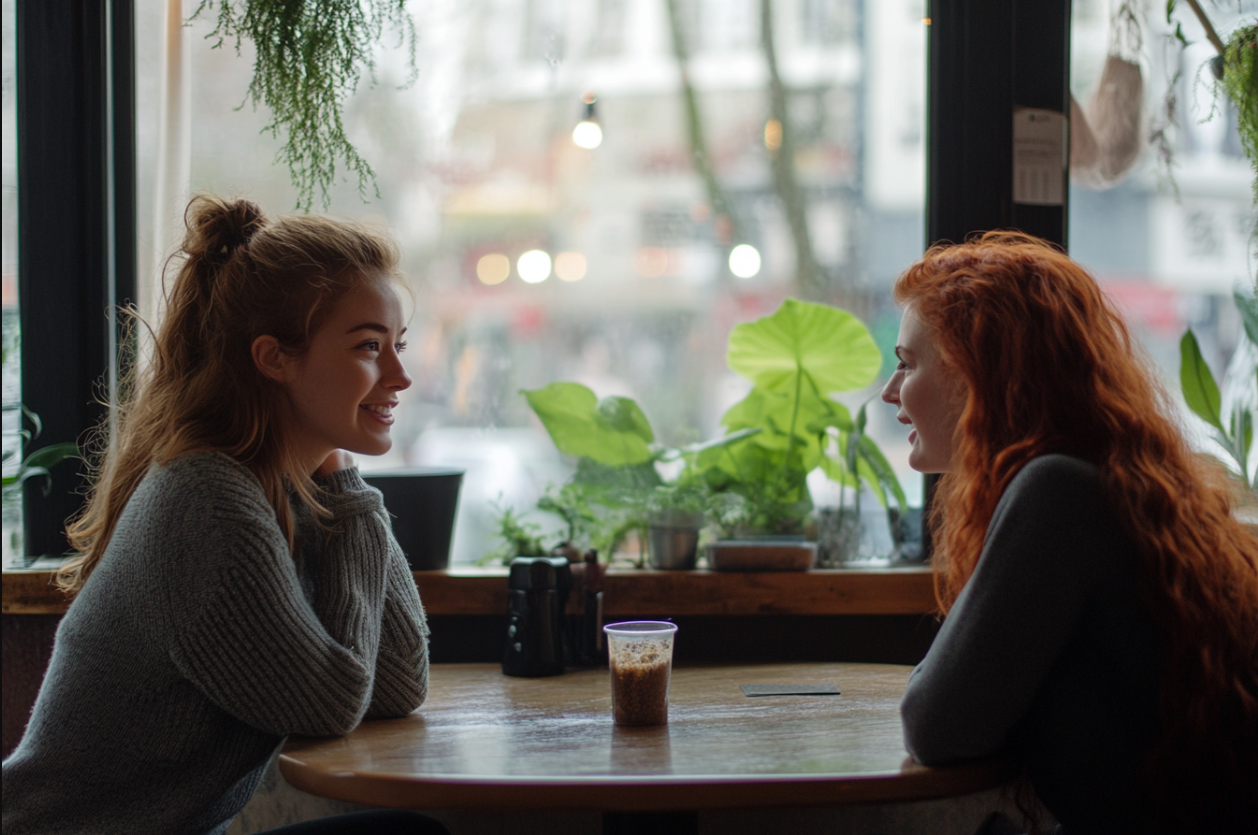 Two women sitting in a cafe | Source: Midjourney