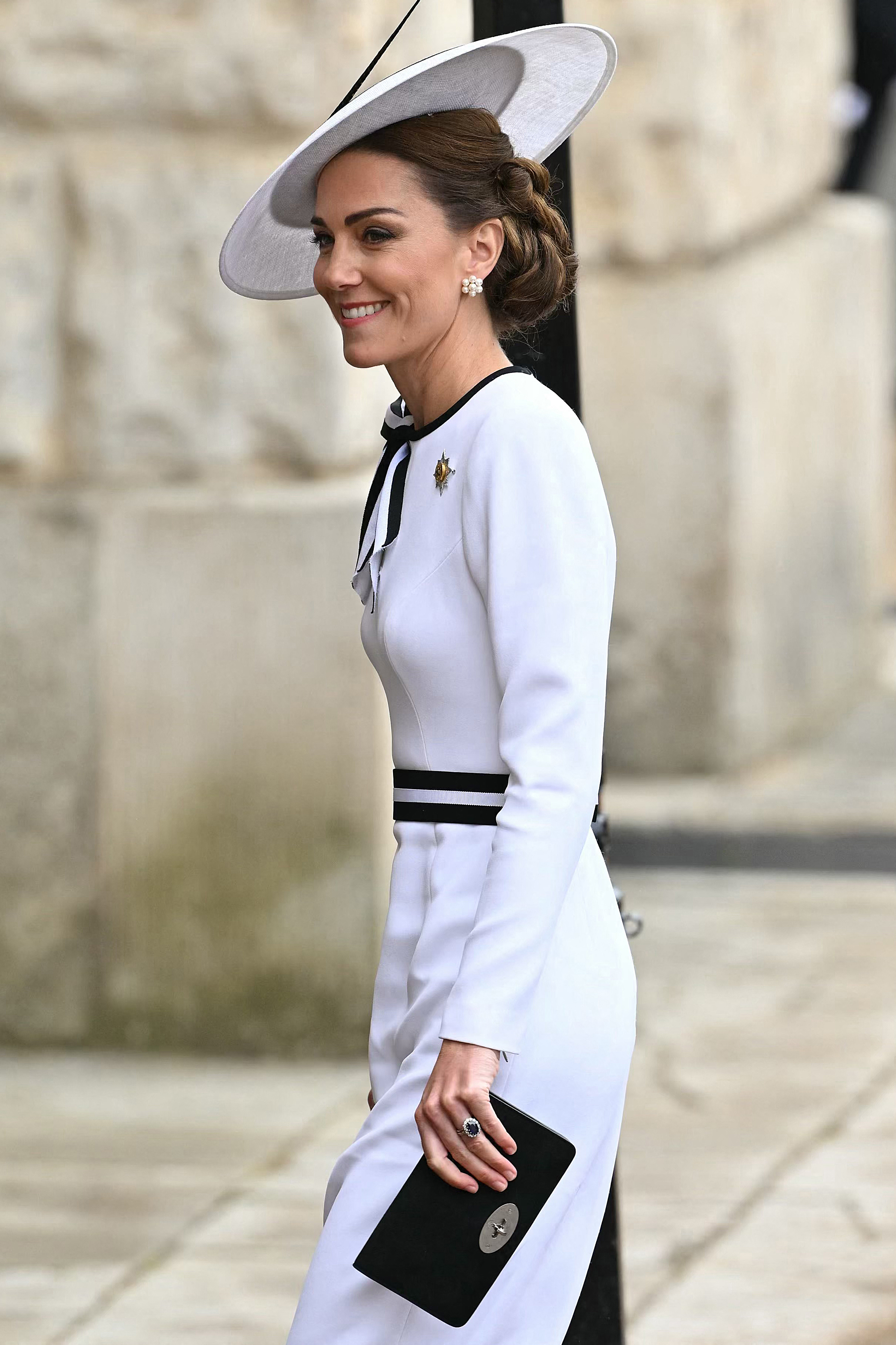 Princess Catherine of Wales smiles as she arrives at Buckingham Palace before the King's Birthday Parade "Trooping the Colour" in London on June 15, 2024. | Source: Getty Images