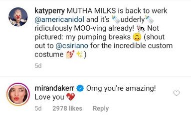 Screenshot of Miranda Kerr's comment to Katy Perry's Instagram post on October 8. | Photo: Instagram/Katy Perry