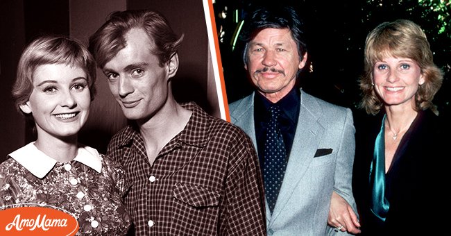 David McCallum and wife Jill Ireland at Pinewood Studios 21st Anniversary Party, 30th September 1957 [left] Charles Bronson Actress Jill Ireland pose for a portrait in circa 1985 in Los Angeles, California [right] | Photo: Getty Images