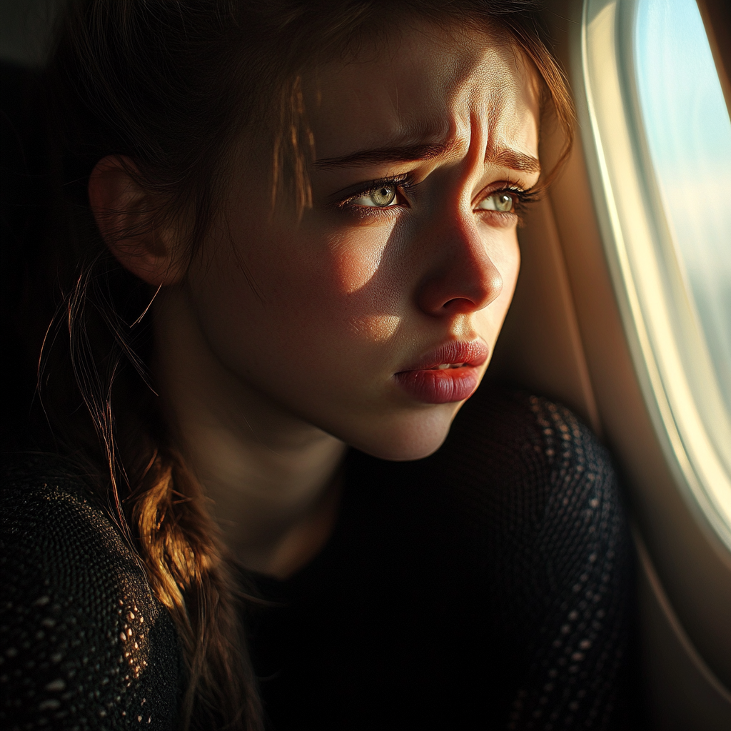 A distressed woman looking out an airplane window | Source: Midjourney