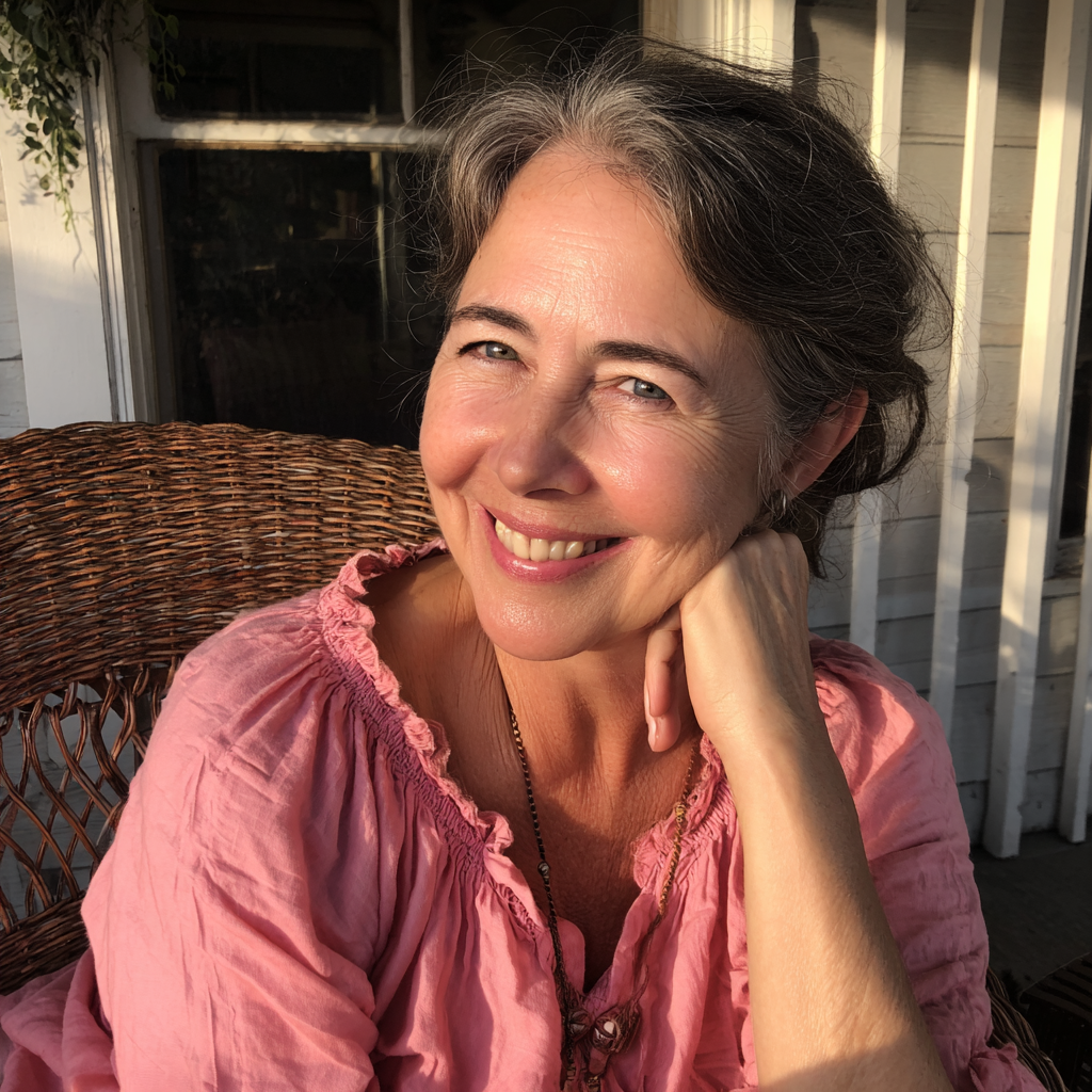 A smiling older woman sitting on a porch | Source: Midjourney
