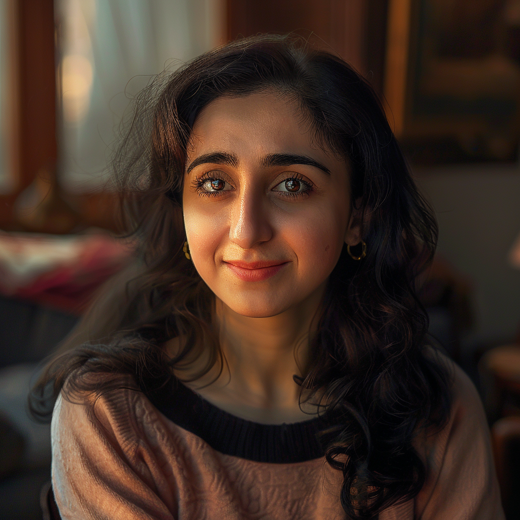 A young woman sitting on the couch and smiling | Source: Midjourney