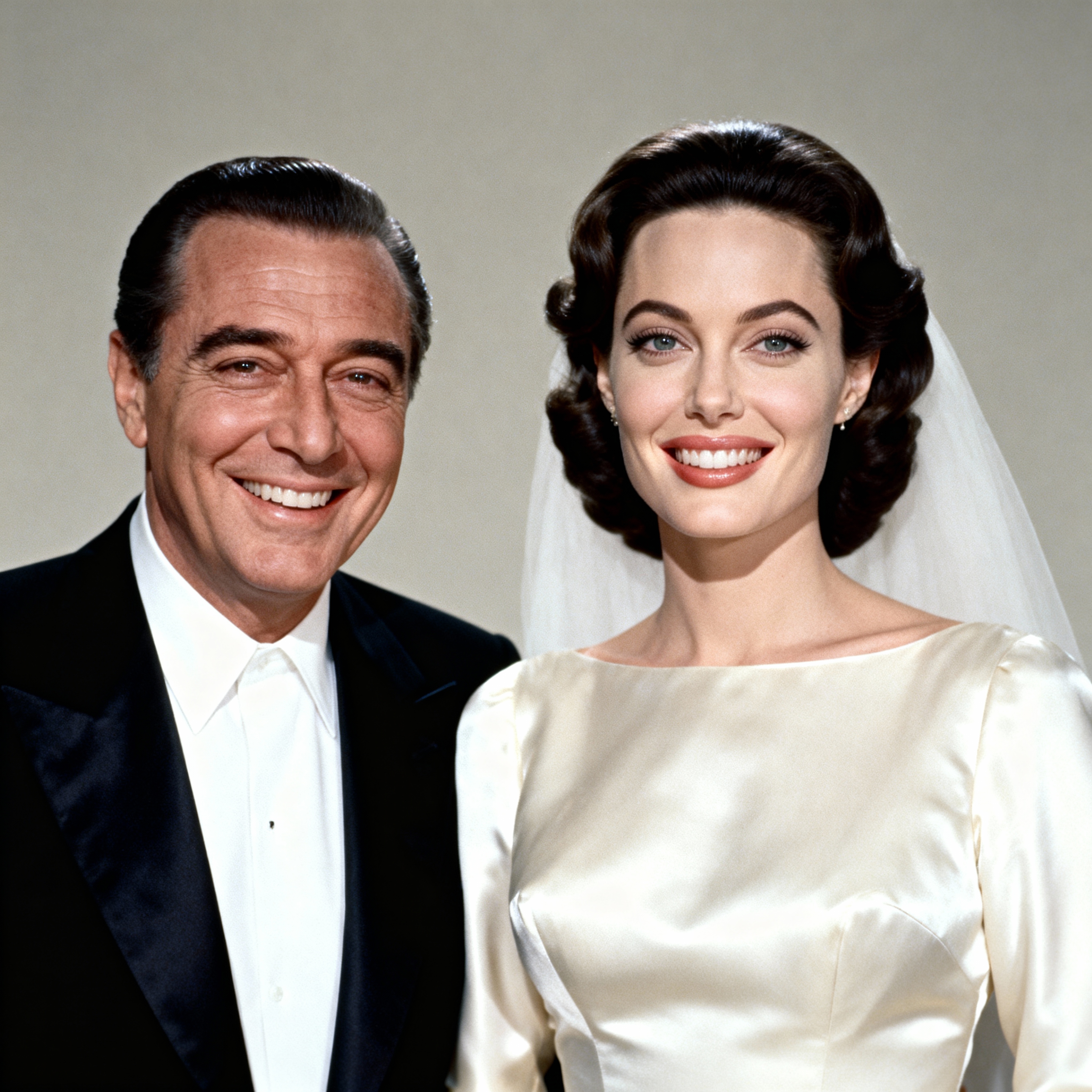 Angelina Jolie stuns in silk while Frank Sinatra offers his signature cool during their imaginary matrimonial portrait | Source: Grok AI