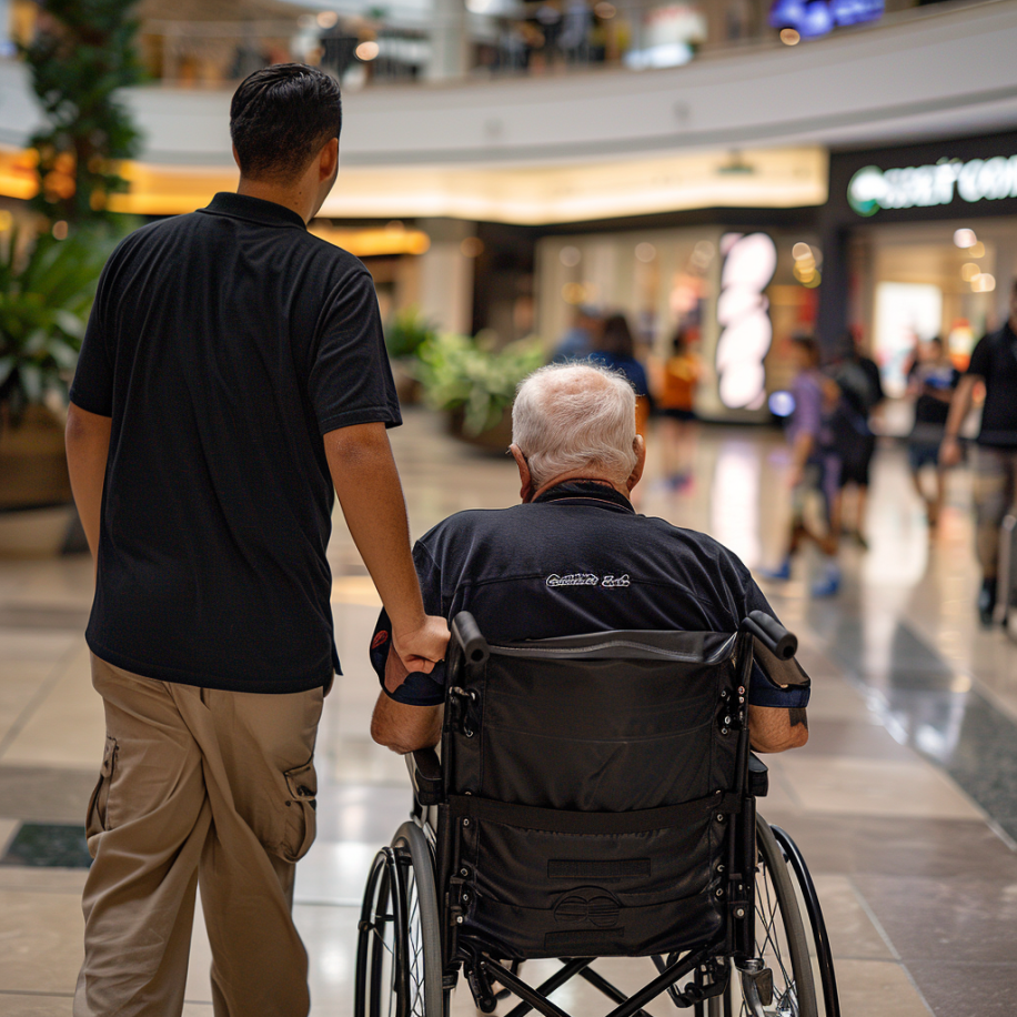 A restaurant server wheels an elderly disabled man through a shopping mall. | Source: Midjourney