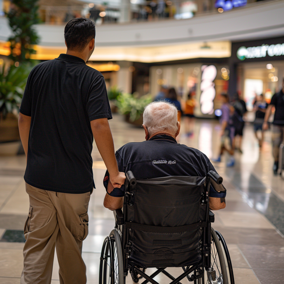 A back view of a restaurant server standing next to an elderly disabled man in a shopping mall. | Source: Midjourney