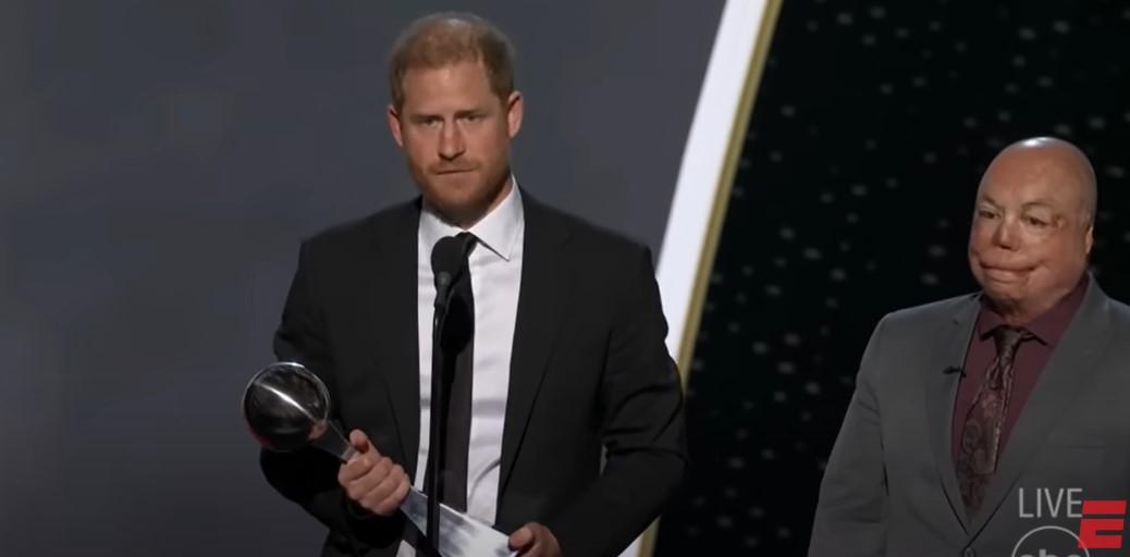 Prince Harry giving a speech at the ESPY Awards stage after winning the Pat Tillman Award for Service on July 11, 2024, in Hollywood, California | Source: YouTube/ESPN