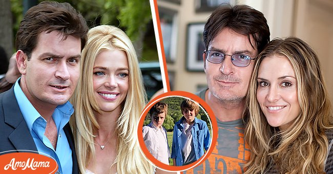 Charlie Sheen and his partner, Brook Mueller. [right]  The Sheen and Mueller twins,  Max Sheen and Bob Sheen[center], Charlie Sheen and his ex-wife, Denise Richards [right | Source: Getty Images