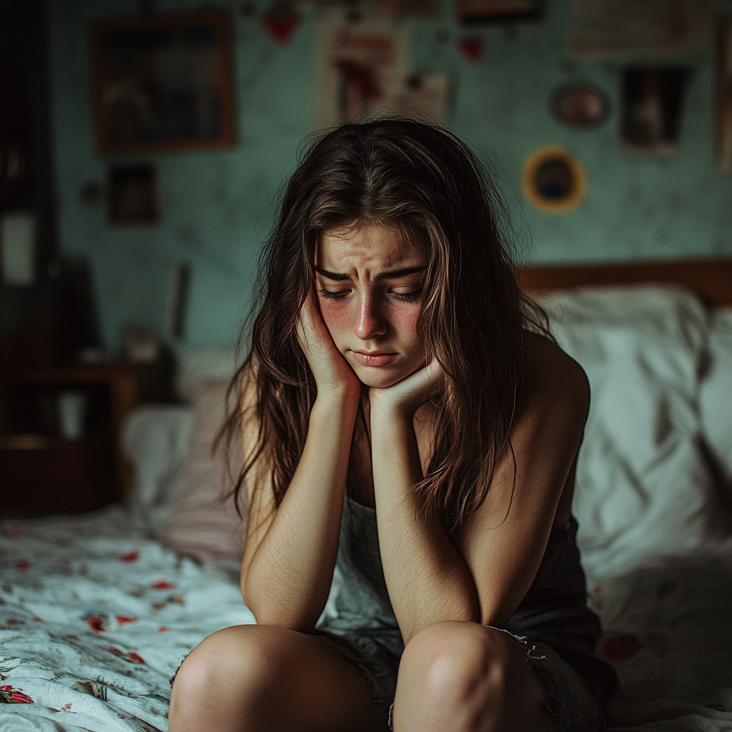 A sad girl in her bedroom | Source: Midjourney