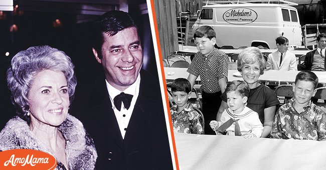 [Left] American comedian Jerry Lewis with his wife Patti Palmer; [Right] Patti Palmer, wife of comedian Jerry Lewis with their children at a children's party, a 'Batman' luncheon for an orphanage on August, 1966 , California | Source: Getty Images