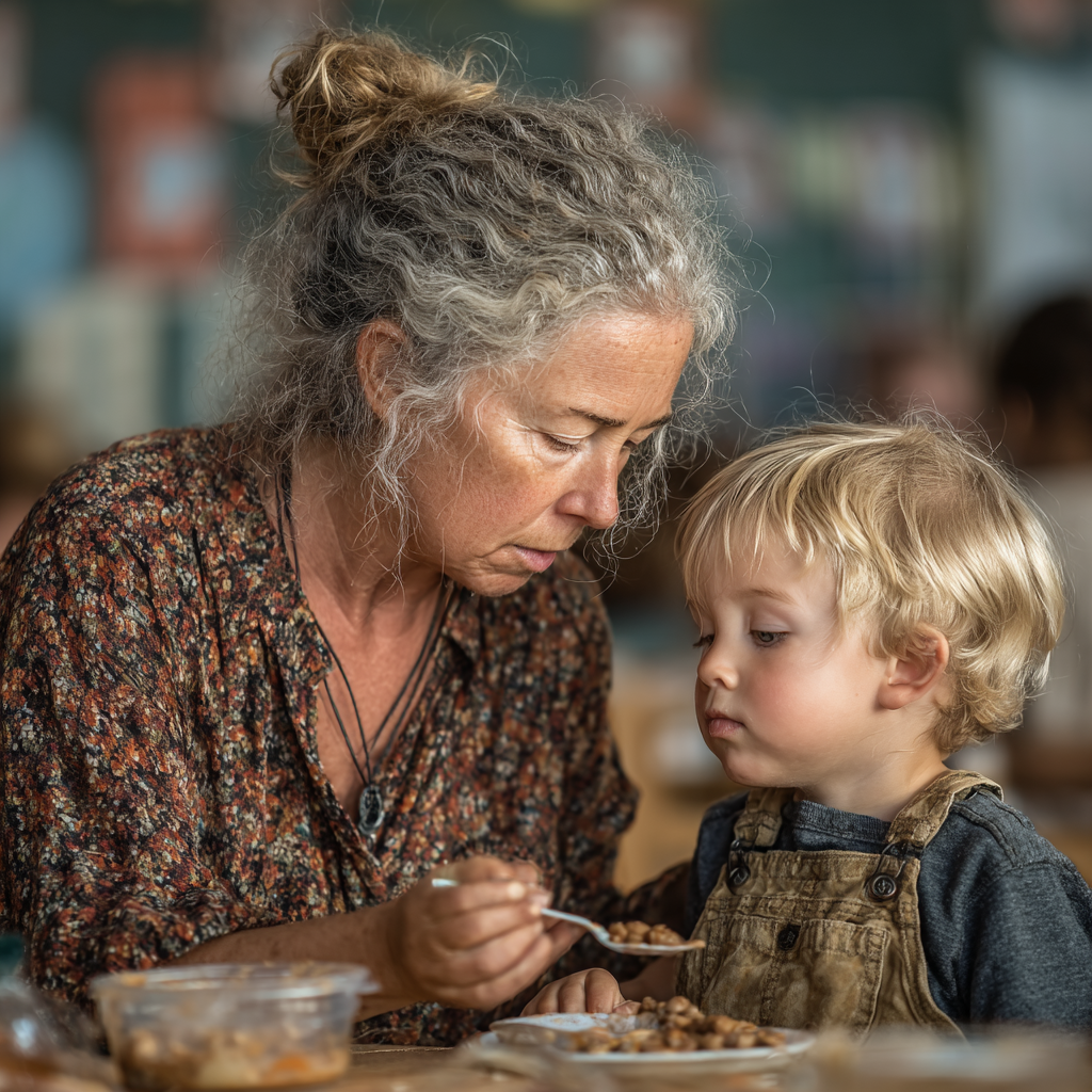 A woman trying to feed a child at a daycare | Source: Midjourney