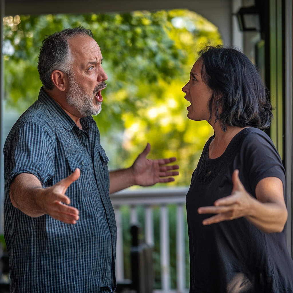 A man arguing with his wife on their porch | Source: Midjourney