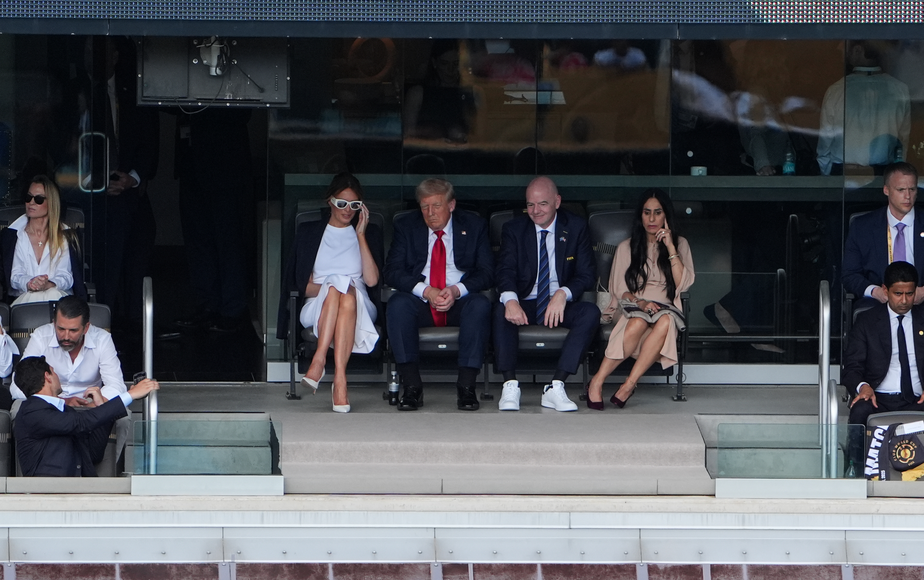 Melania and Donald Trump with Gianni Infantino and Leena Al Ashqar during the FIFA Club World Cup 2025 final match between PSG and Chelsea at MetLife Stadium on July 13 in New Jersey. | Source: Getty Images