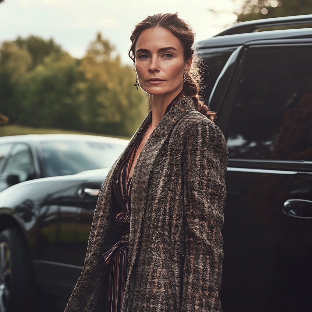 An elegantly dressed woman standing next to a car | Source: Midjourney