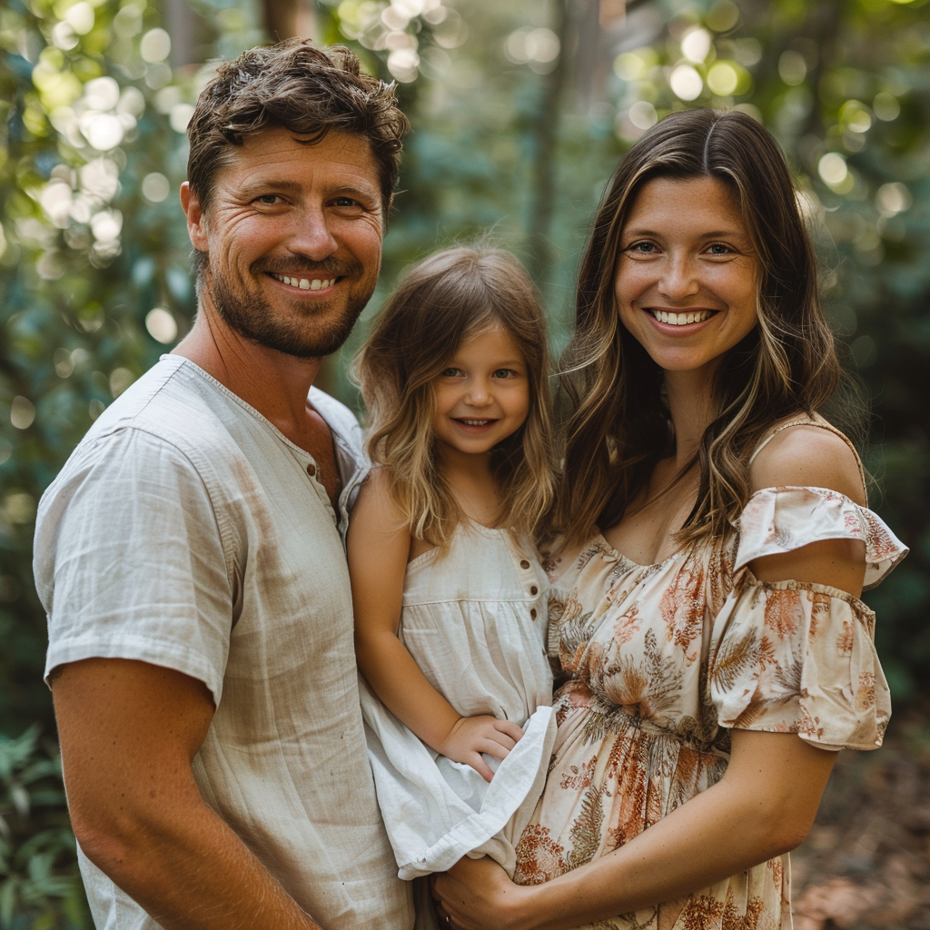 A pregnant couple with their little daughter | Source: Midjourney