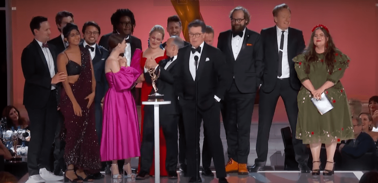 Conan O'Brien pictured on stage during Stephen Colbert's acceptance speech at the Emmys, 2021. | Photo: Youtube/Television Academy.