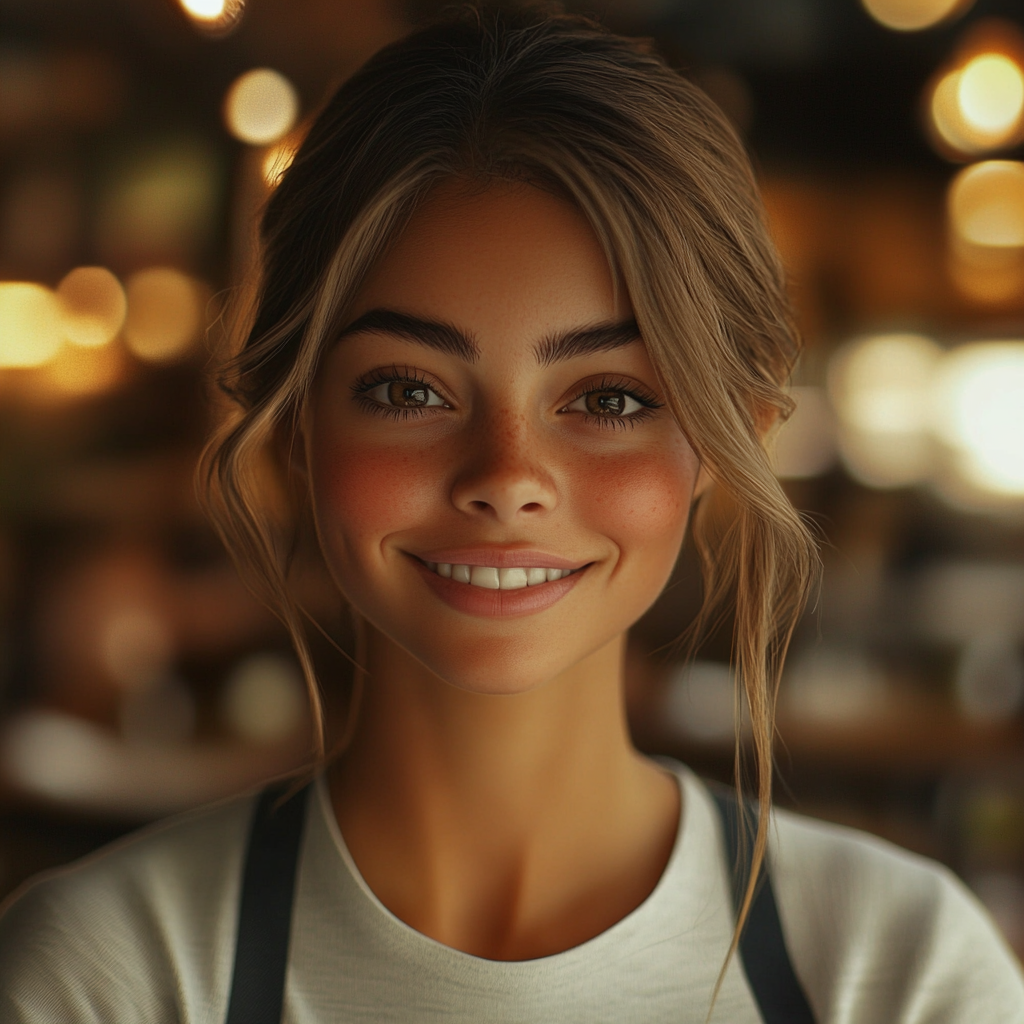 A young juice bar attendant smiling | Source: Midjourney