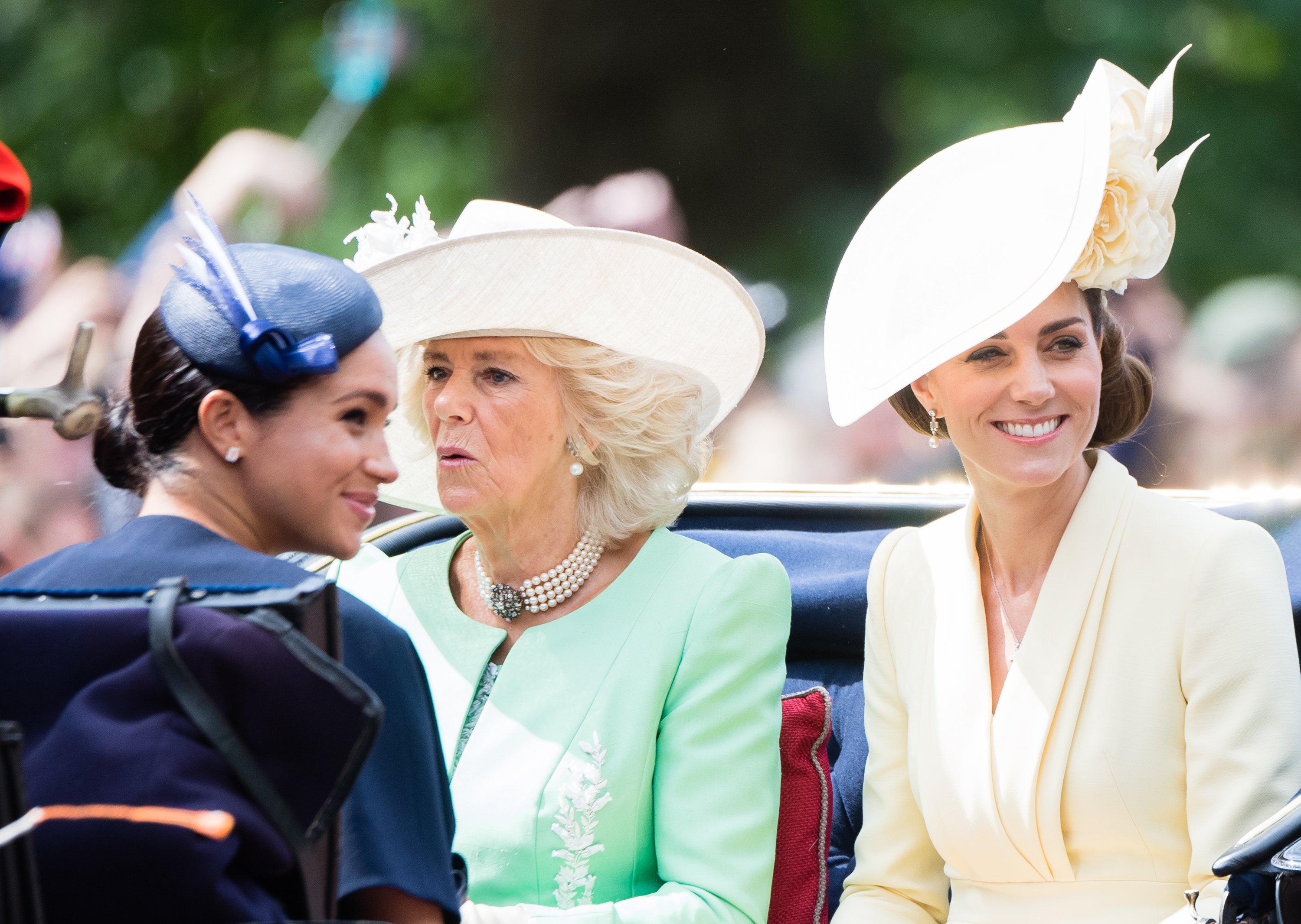 Duchess Meghan, Duchess Camilla, and Duchess Kate ride by carriage down the Mall during Trooping The Colour birthday parade on June 8, 2019, in London, England. | Source: Getty Images