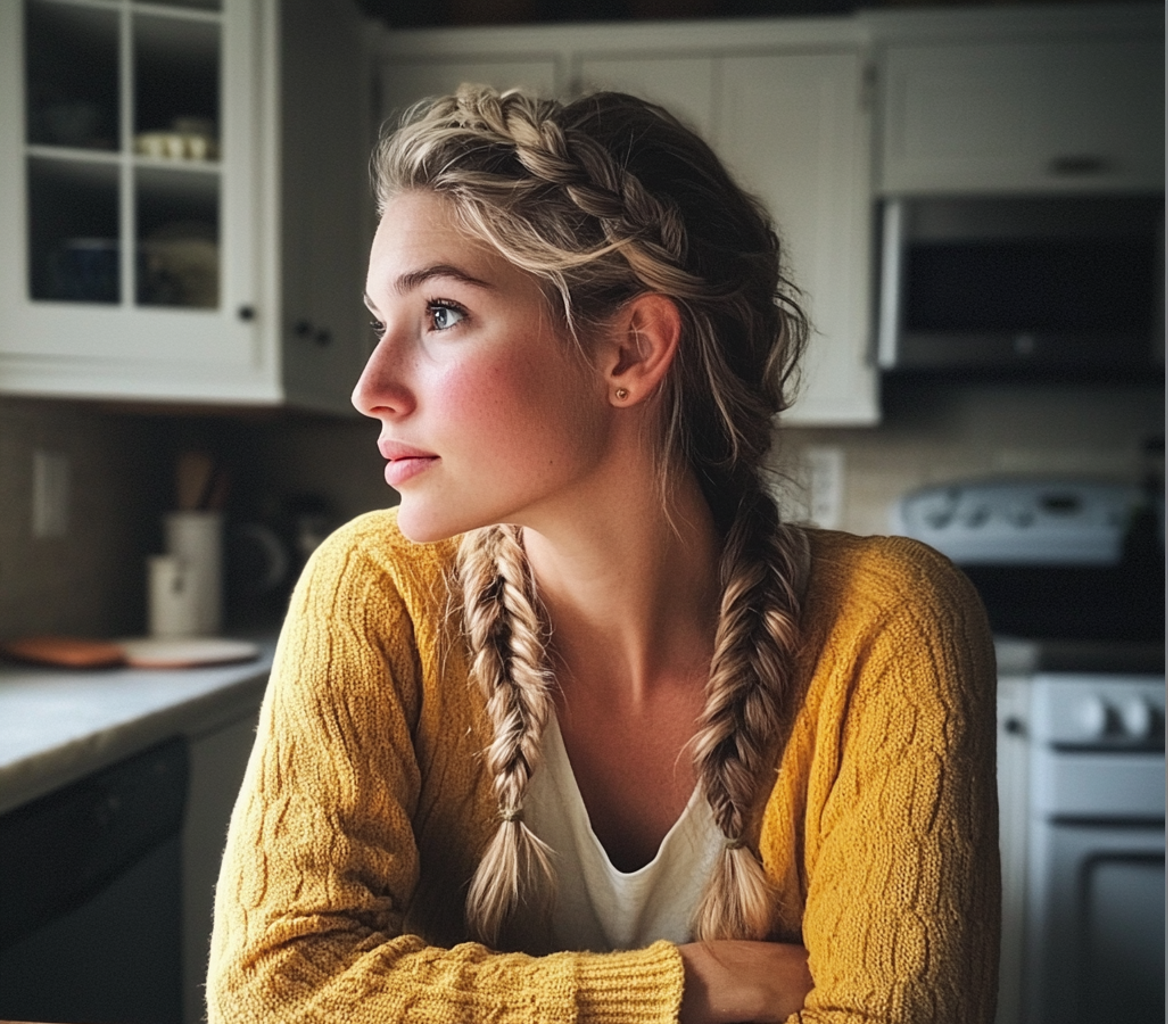 A woman sitting at a kitchen table | Source: Midjourney