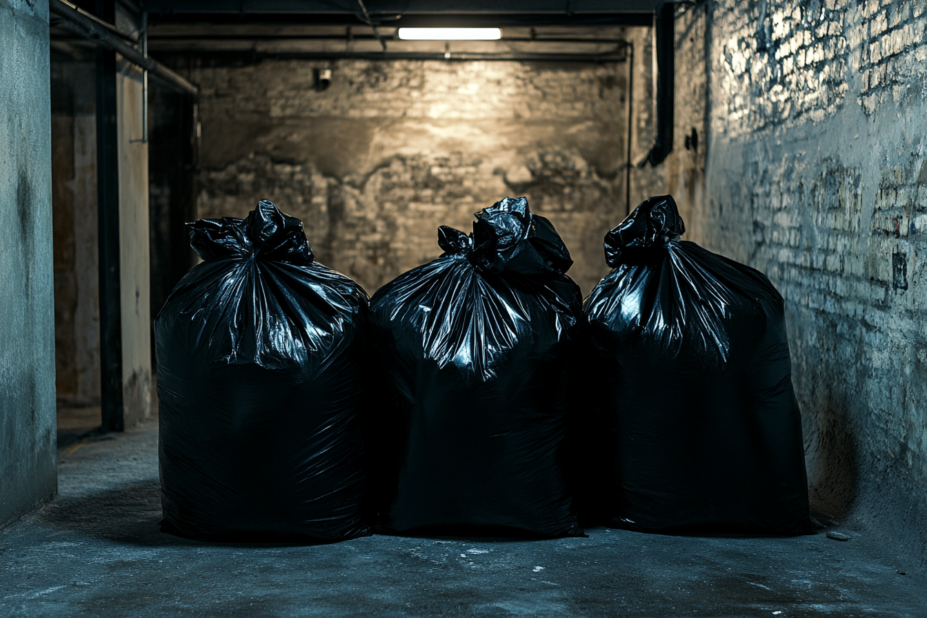 Three fully-loaded trash bags in a basement | Source: Midjourney