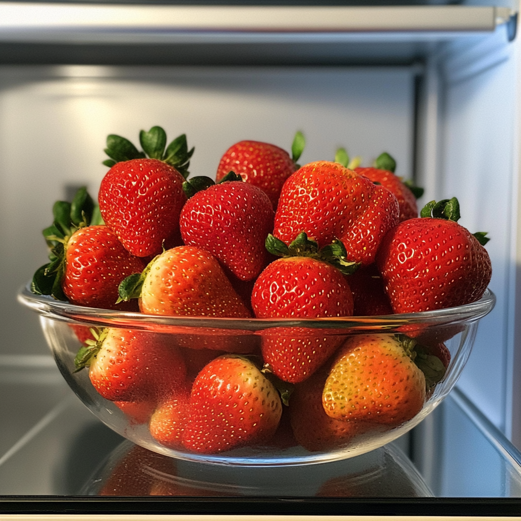 A bowl of strawberries in a fridge | Source: Midjourney