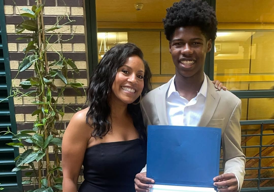 Sheinelle Jones and her oldest son, Kaylin Ojeh are standing close together and smiling brightly at the camera, from a post dated August 28, 2024. | Source: Instagram/sheinelle_o