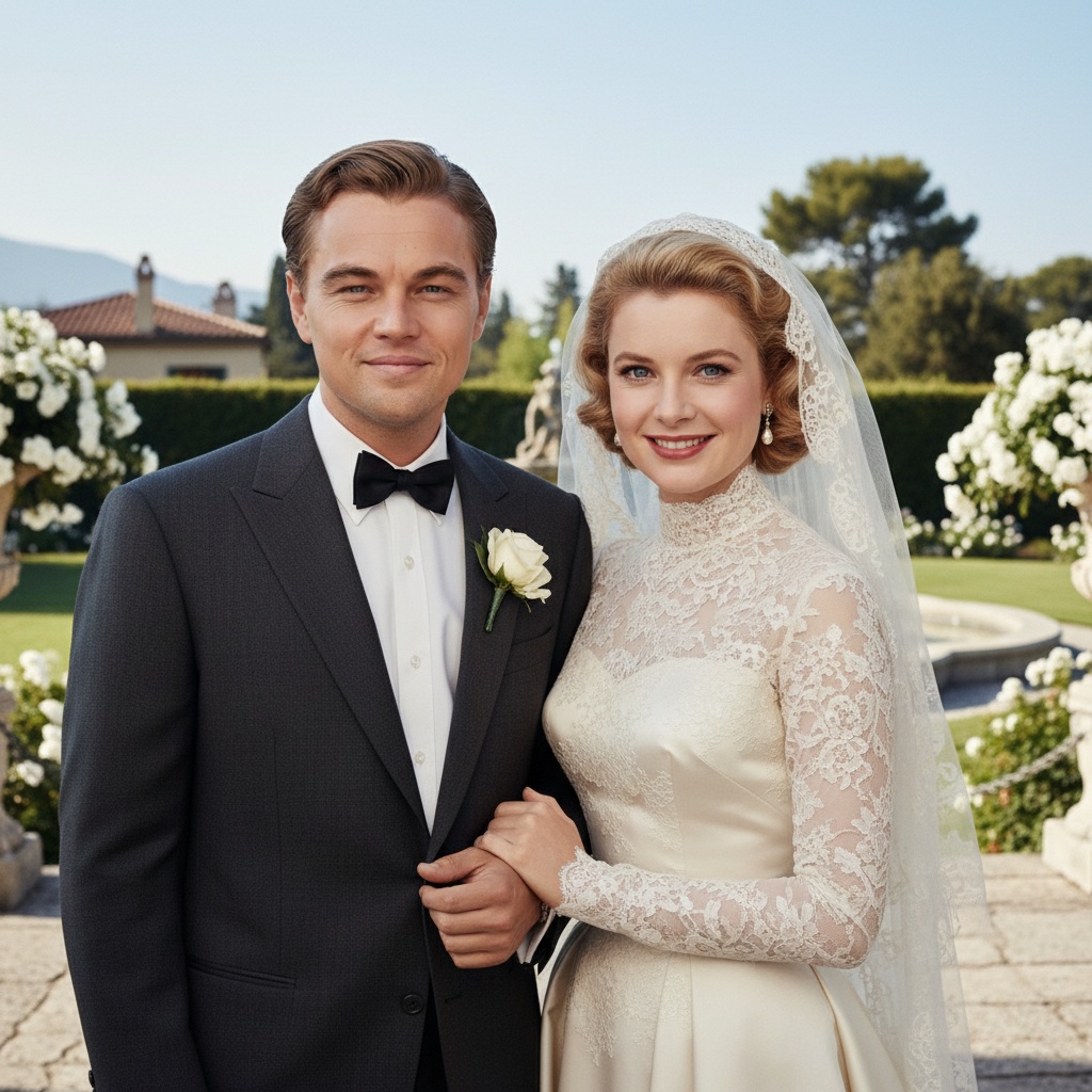 Grace Kelly shines with royal poise as Leonardo DiCaprio smolders beside her in black bowtie | Source: Grok AI