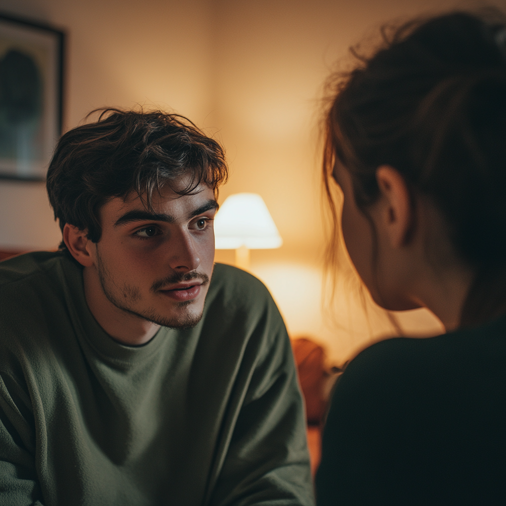 A man talking to his upset sister | Source: Midjourney