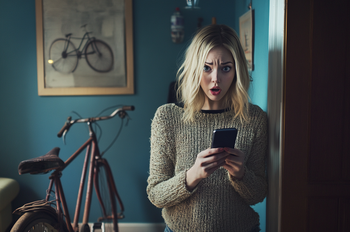 A woman staring at her phone in shock | Source: Midjourney