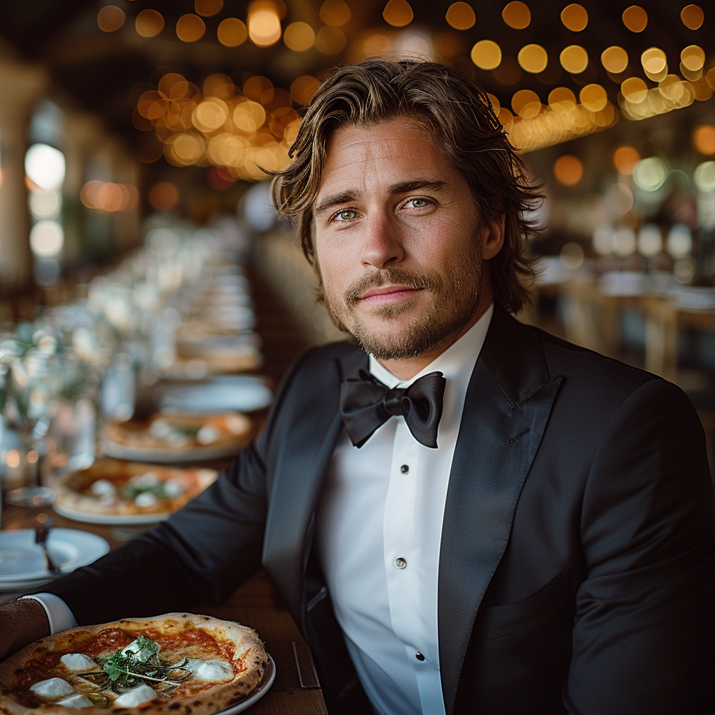 A man sitting with his plate of pizza | Source: Midjourney