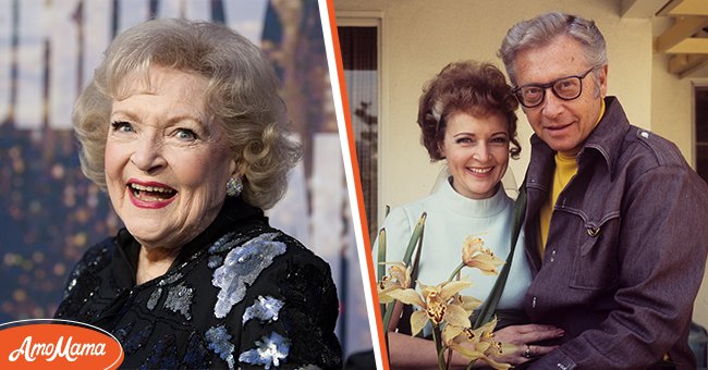 (L) Actress Betty White attends the SNL 40th Anniversary Celebration at Rockefeller Plaza on February 15, 2015 in New York City. (R) Betty White and her husband Allen Ludden during a photoshoot at home for the "Password" on February 14, 1972 | Photo: Getty Images