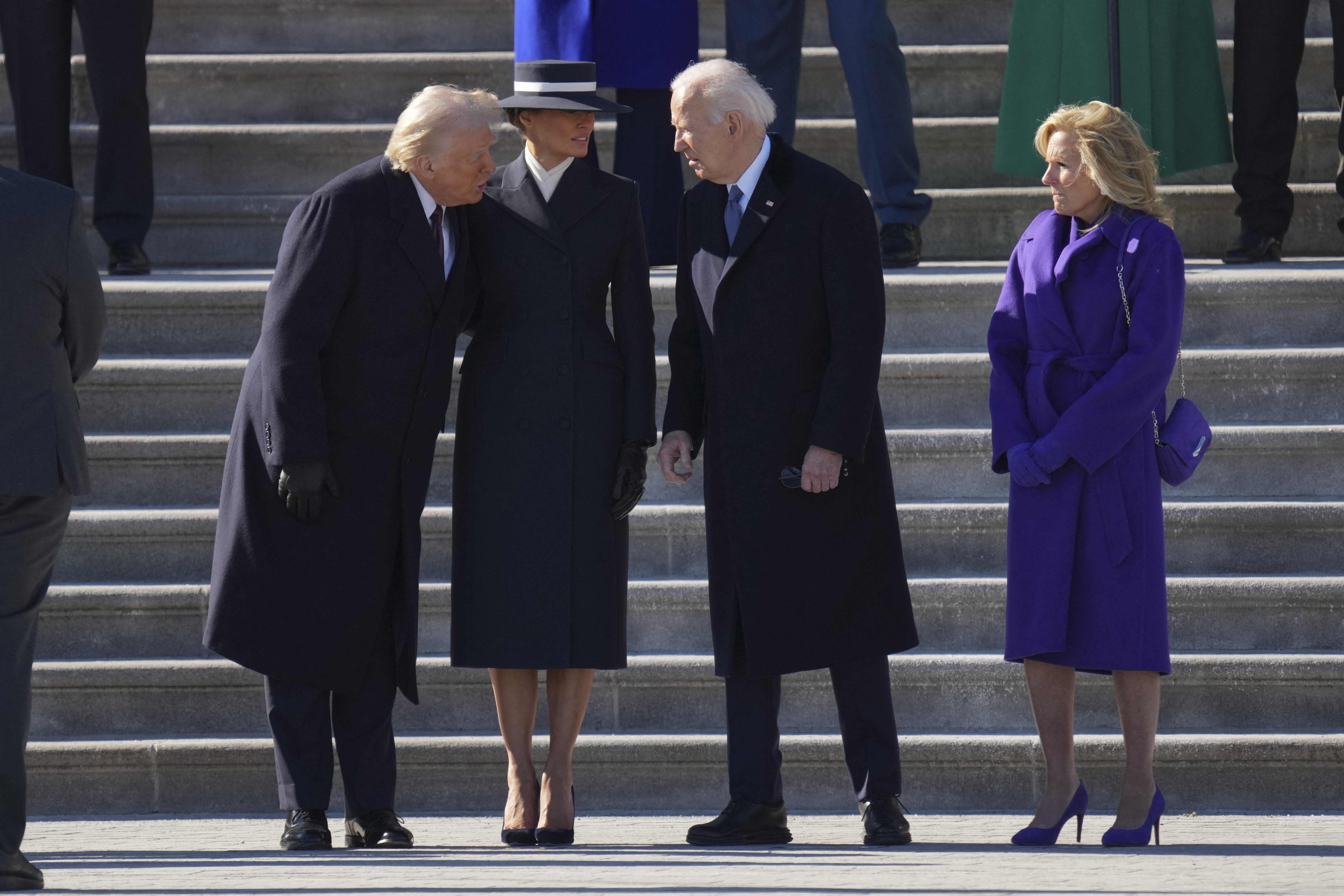U.S. President Donald Trump, U.S. First Lady Melania Trump, former U.S. President Joe Biden and former First Lady Dr. Jill Biden during the departure ceremony in Washington, D.C., on January 20, 2025. | Source: Getty Images