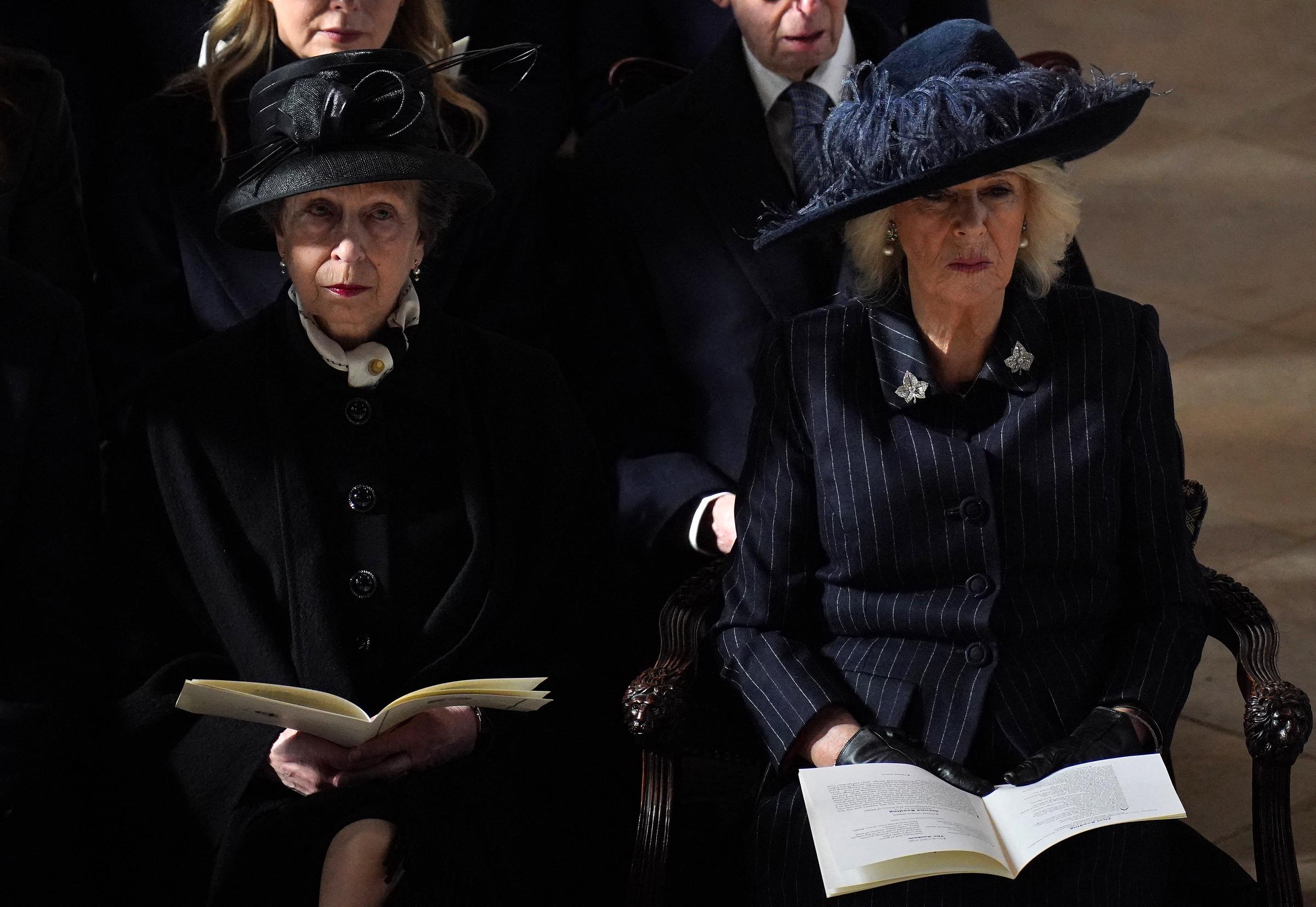 Princess Anne and Queen Camilla at a Thanksgiving service for the life of King Constantine of the Hellenes, at St. George's Chapel on February 27, 2024. | Source: Getty Images