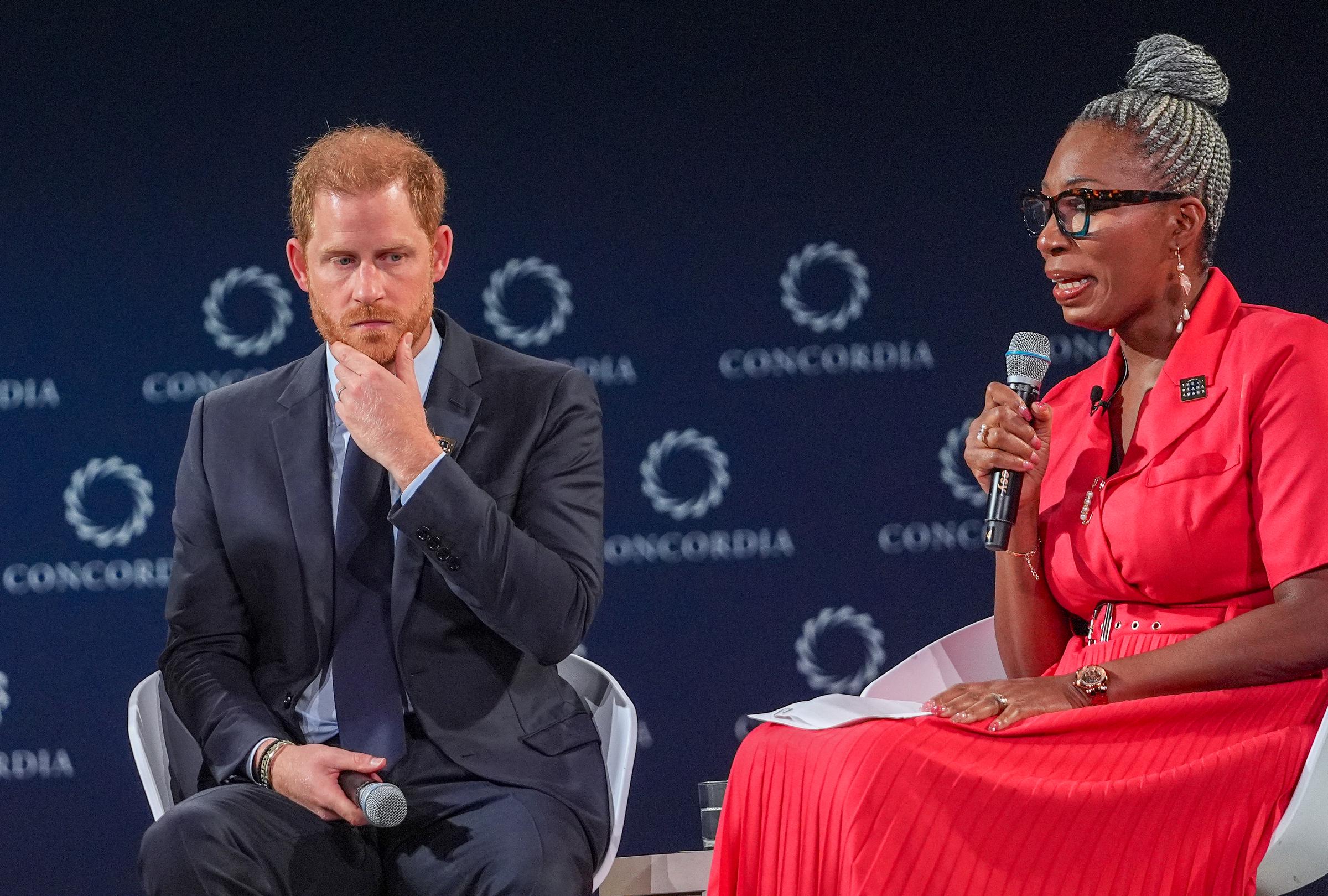 Prince Harry and Dr Tessy Ojo onstage at the Global Mental Health Crisis Among Young People event in New York City on September 23, 2024. | Source: Getty Images