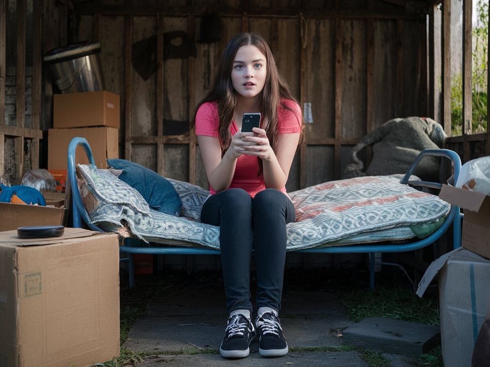 A girl looking at her cell phone, sitting on a cot in a shed | Source: Midjourney