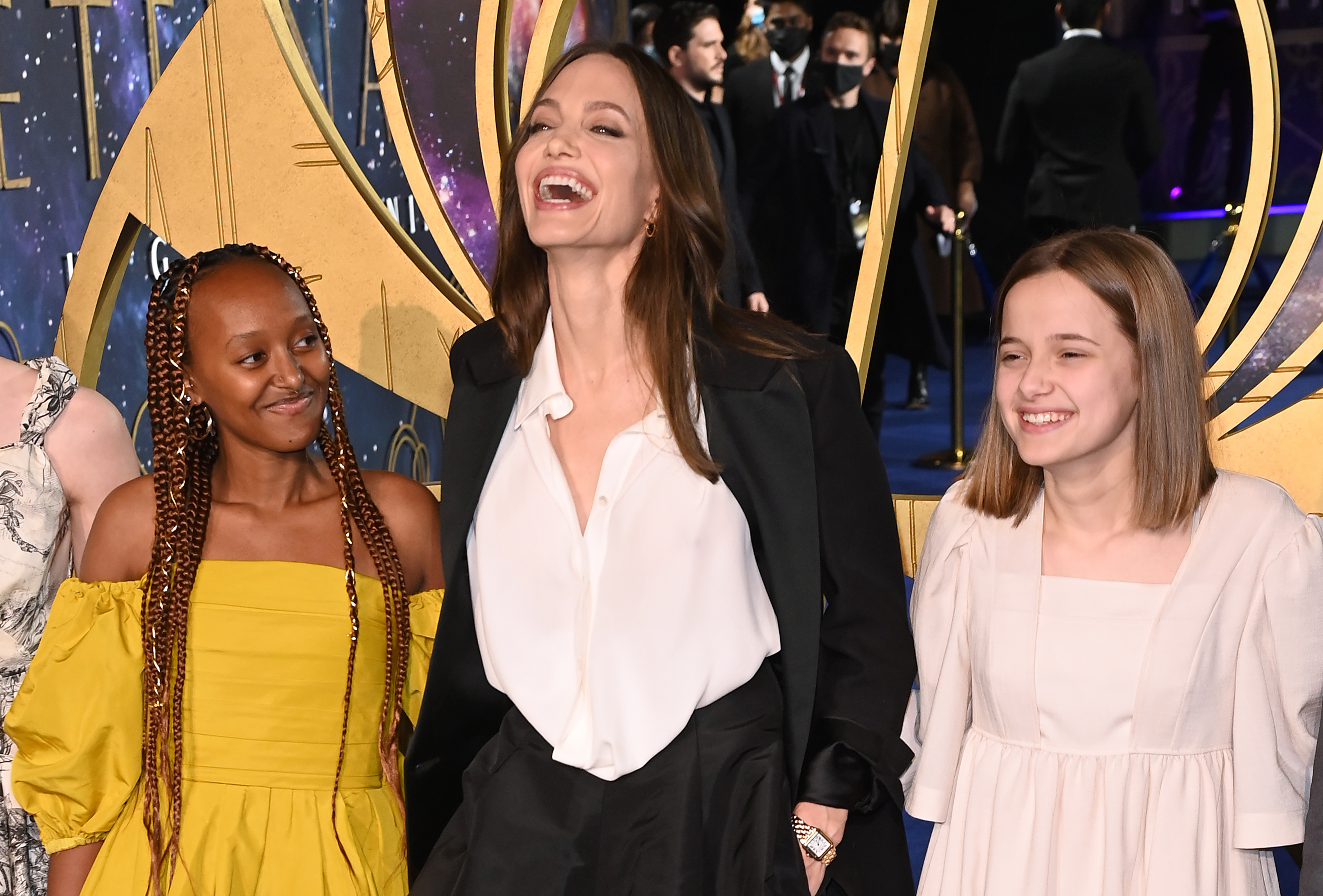 Zahara, Angelina Jolie, and Vivienne Jolie-Pitt attend the "The Eternals" UK Premiere at BFI IMAX Waterloo in London, England, on October 27, 2021. | Source: Getty Images