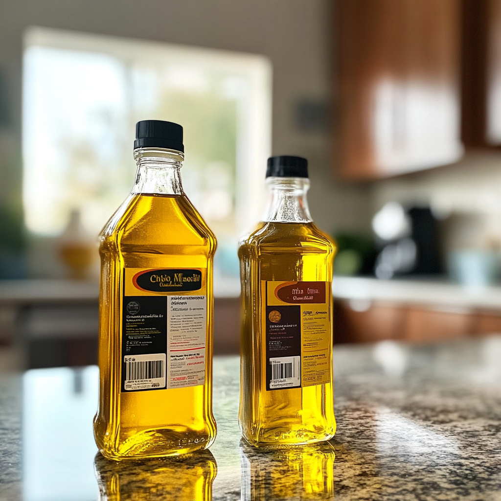 Two bottles of oil on a counter | Source: Midjourney