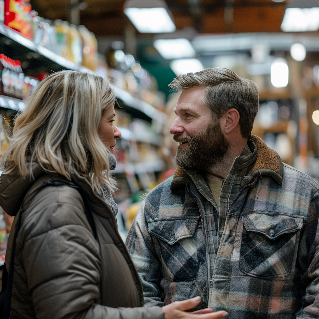 A senior woman talking to a man in a grocery store | Source: Midjourney