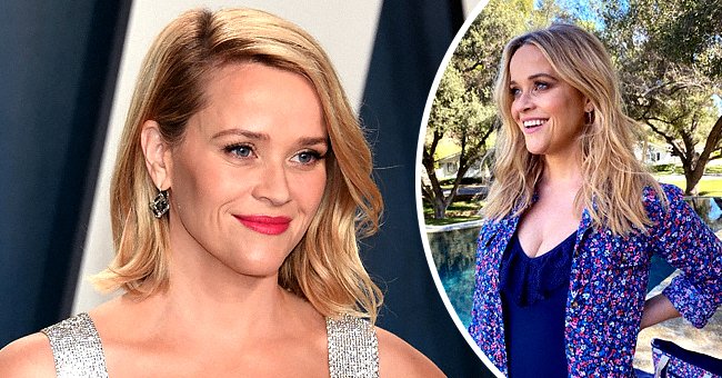 Reese Witherspoon attends 2020 Vanity Fair Oscar Party at Wallis Annenberg Center for the Performing Arts on February 09, 2020 in Beverly Hills, California, the next photo shows the actress posing outdoors while smiling | Photo: Getty Images and Instagram/@reesewitherspoon