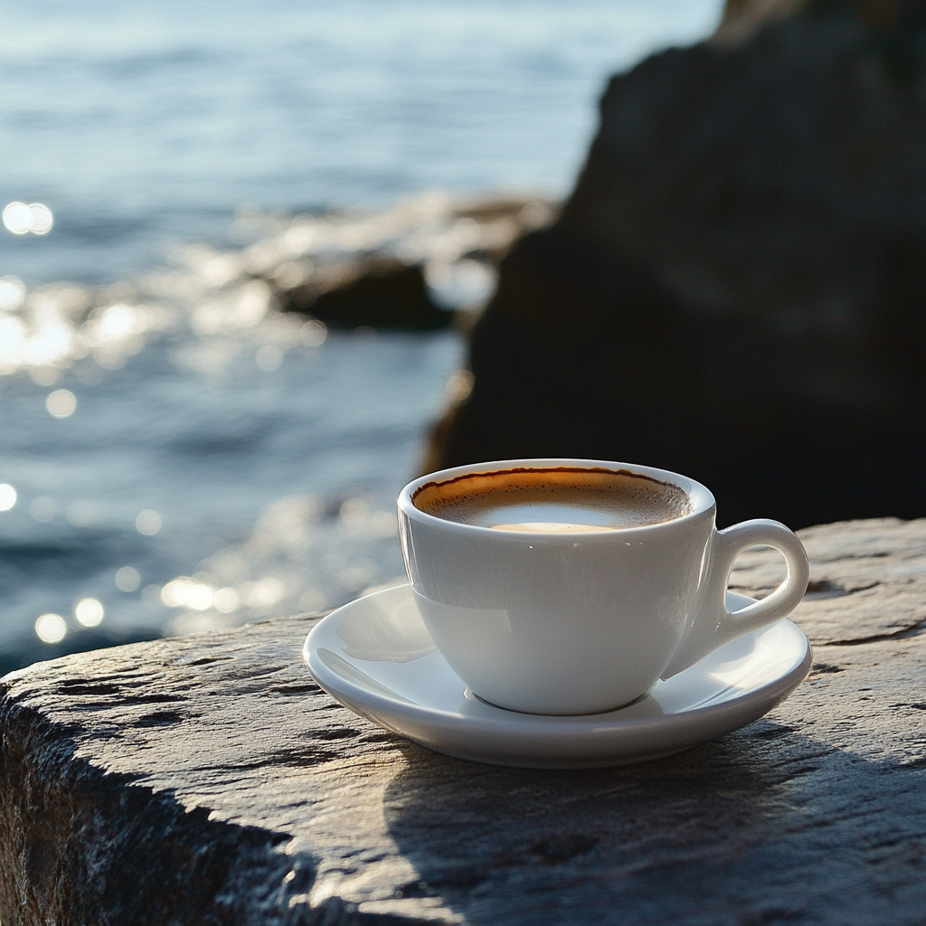 Coffee in a mug wiith a background of the ocean | Source: Midjourney