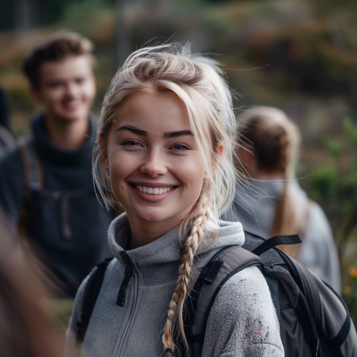 A happy woman on a hike with her friends | Source: Midjourney