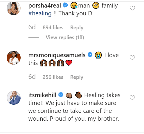 Porsha Williams, Monique Samuels and Mike Hill's comments on Dennis McKinley's post | Source: Instagram.com/workwincelebrate