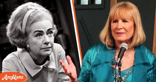 Joan Crawford substituting Christina on the television program "The Secret Storm," in 1968 (left), Christina Crawford at a photocall for her new show "Surviving Mommie Dearest" on May 2, 2013, in New York (right) | Photo: Getty Images