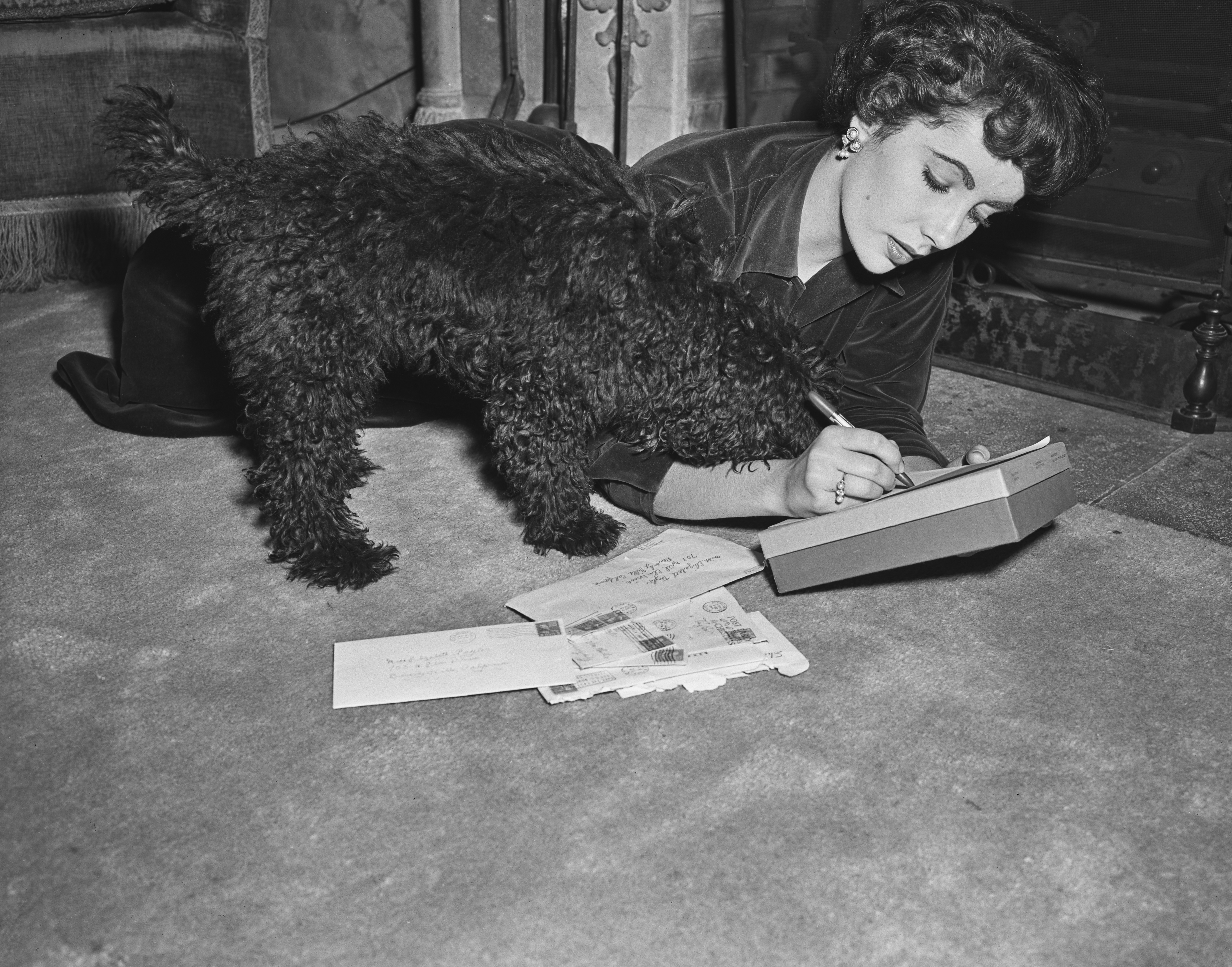 Elizabeth Taylor writing letters beside a dog in 1950. | Source: Getty Images