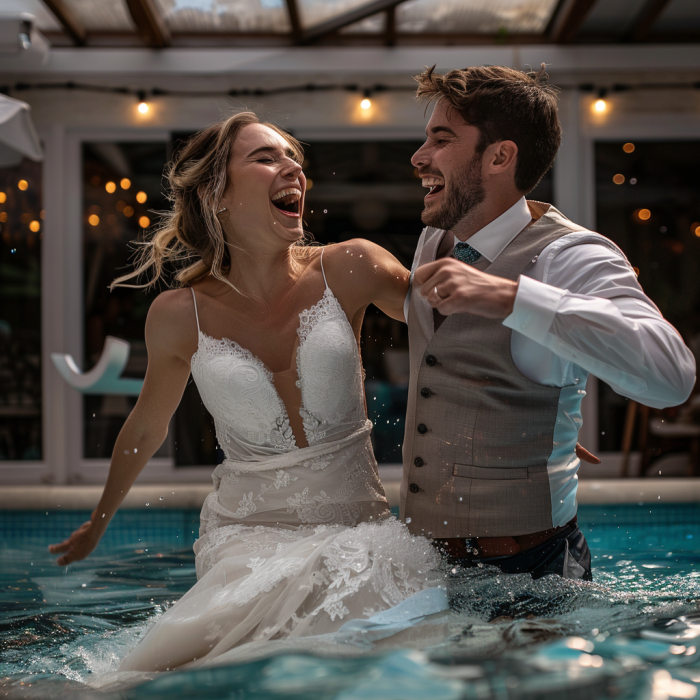 A bride and groom splashing in a swimming pool | Source: Midjourney