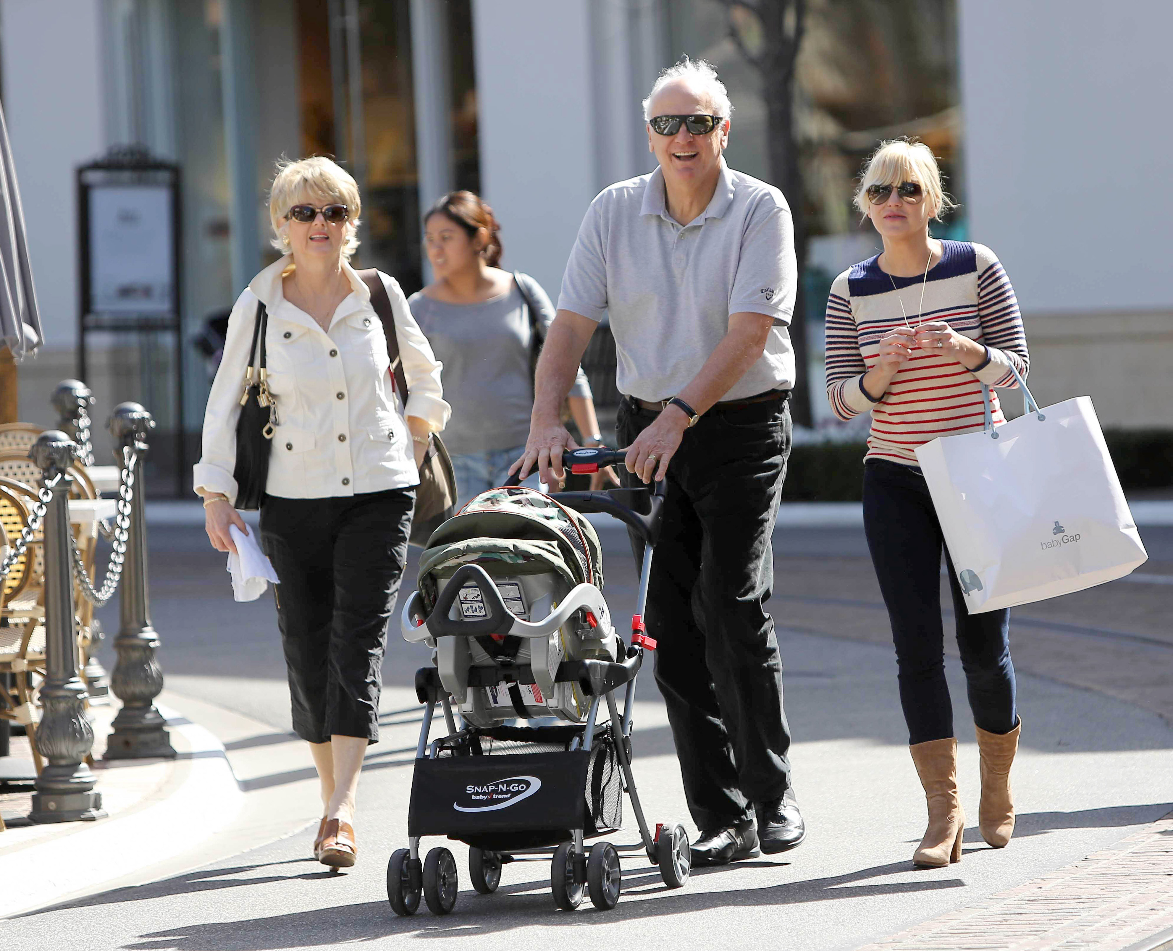 Karen Faris, Jack Faris, and Anna Faris are photographed together during a family outing in Los Angeles. The group appeared relaxed as they spent quality time together while accompanying baby Jack Pratt.