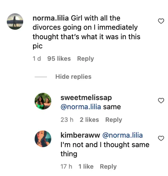 A screenshot of comments talking about Chris Pratt and Katherine Schwarzenegger posted on September 17, 2023 | Source: Instagram/justjared