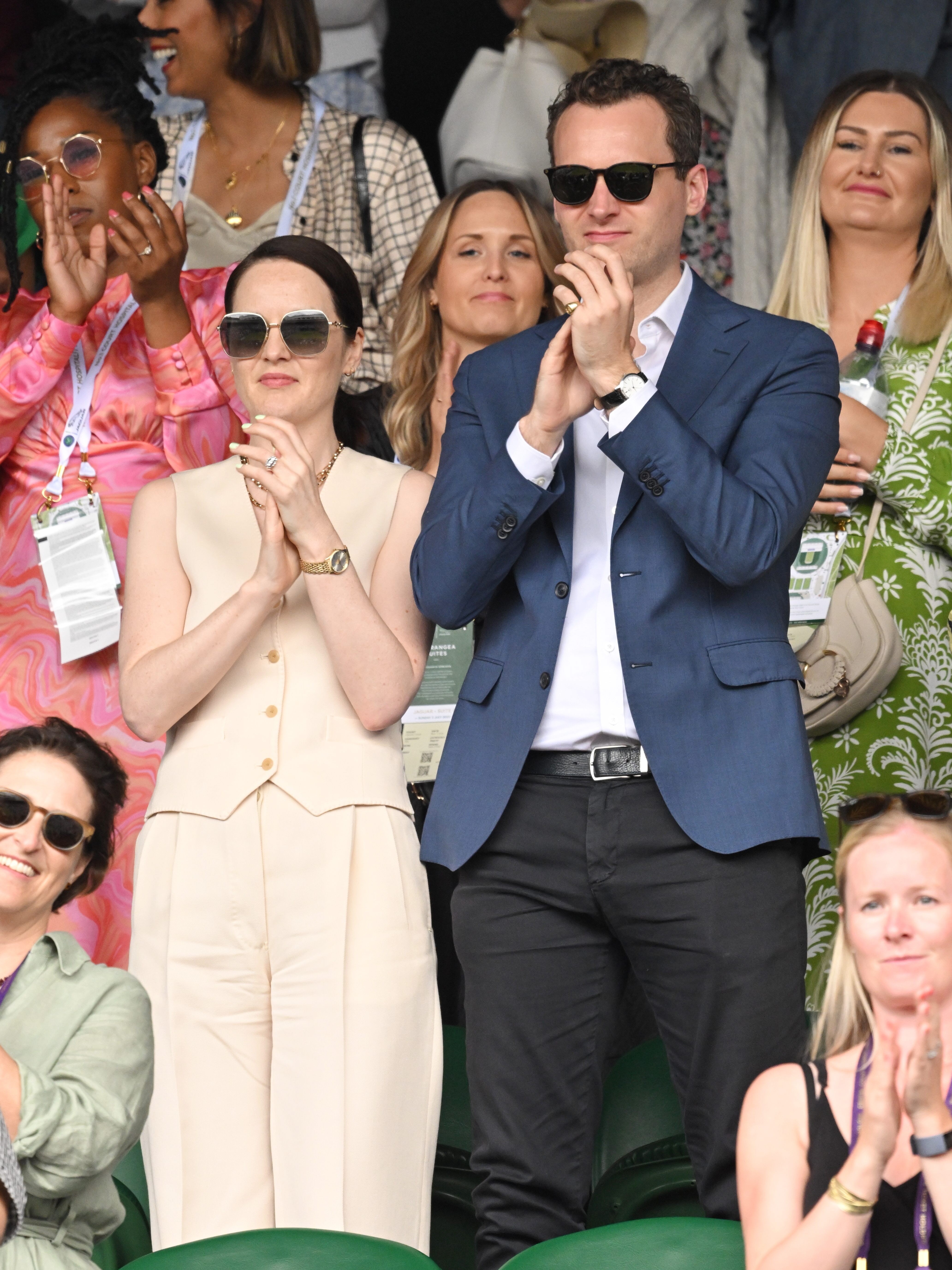 Michelle Dockery and Jasper Waller-Bridge are pictured at the All England Lawn Tennis and Croquet Club on July 3, 2022, in London, England | Source: Getty Images